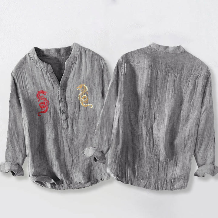 Camisa de manga larga de lino y algodón para hombre con estampado de dragón y Buddha Stones, con botones y medio cuello - image 2