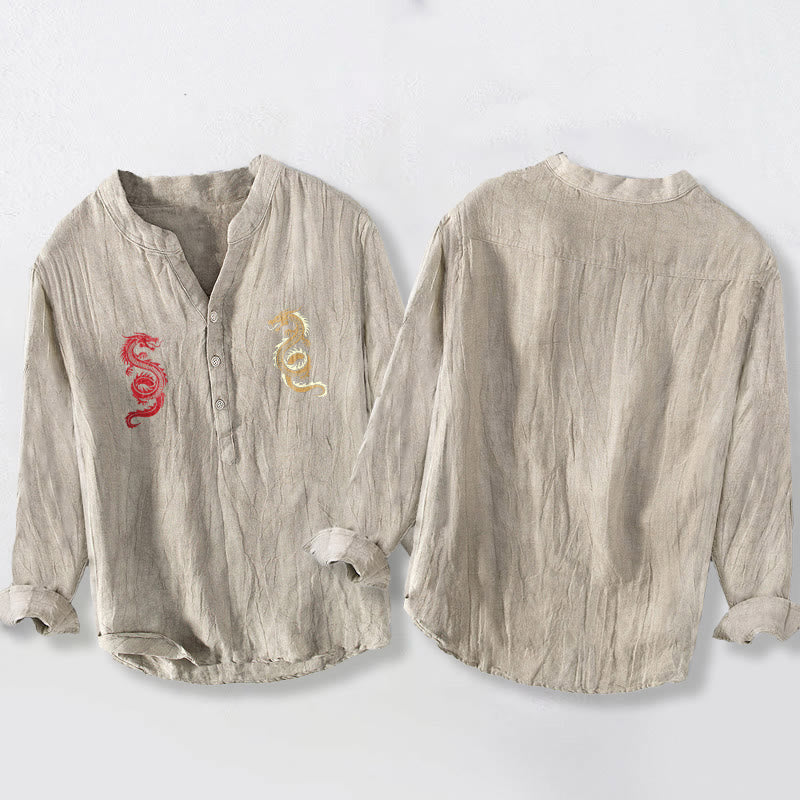 Camisa de manga larga de lino y algodón para hombre con estampado de dragón y Buddha Stones, con botones y medio cuello - image 8