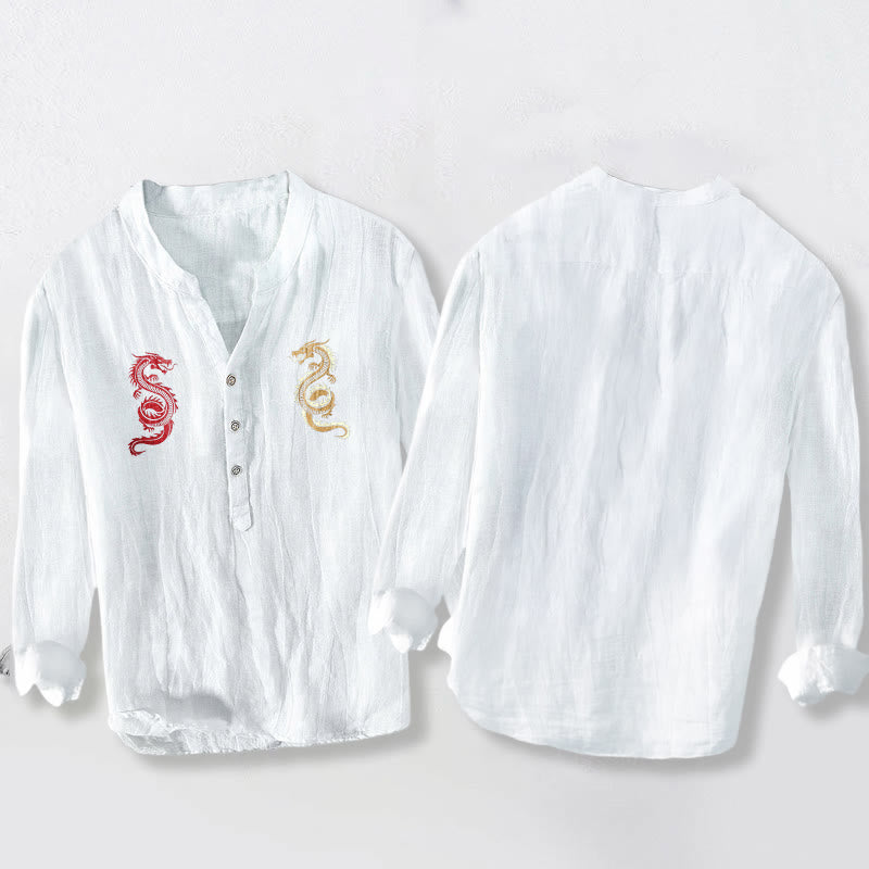 Camisa de manga larga de lino y algodón para hombre con estampado de dragón y Buddha Stones, con botones y medio cuello - image 5