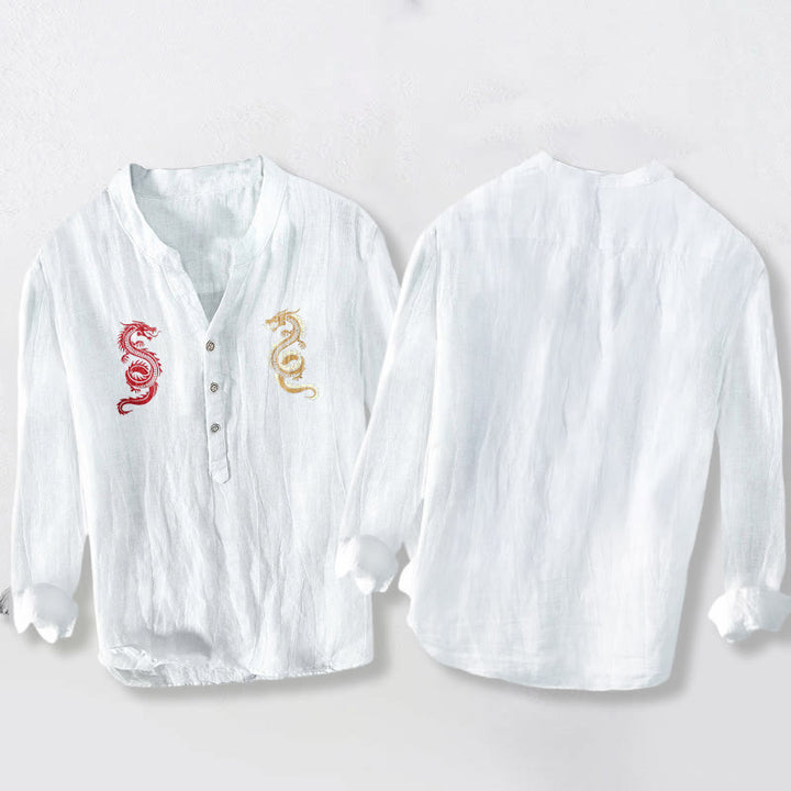 Camisa de manga larga de lino y algodón para hombre con estampado de dragón y Buddha Stones, con botones y medio cuello - image 5