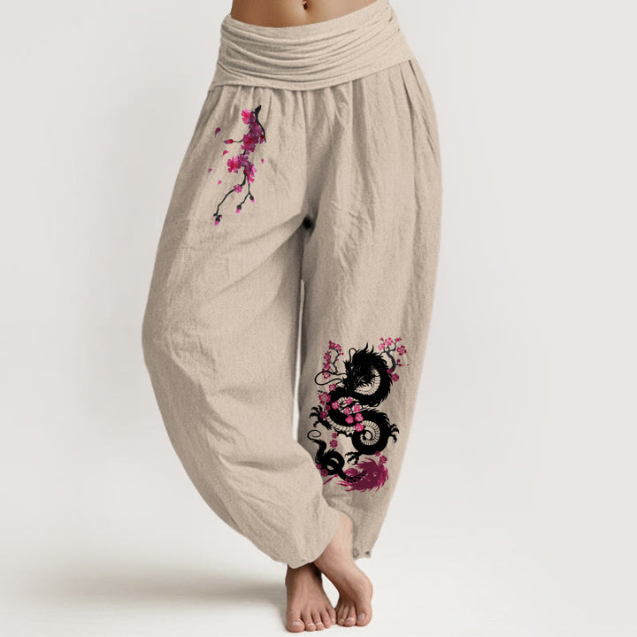Buddha Stones Pantalones harén de algodón con cintura elástica para mujer con estampado de flores de cerezo y dragón - Broncearse - US16，UK/AU20，EU48 (3XL) - image 5