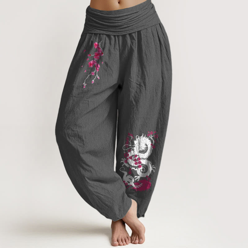 Buddha Stones Pantalones harén de algodón con cintura elástica para mujer con estampado de flores de cerezo y dragón - Gris oscuro - US16，UK/AU20，EU48 (3XL) - image 0