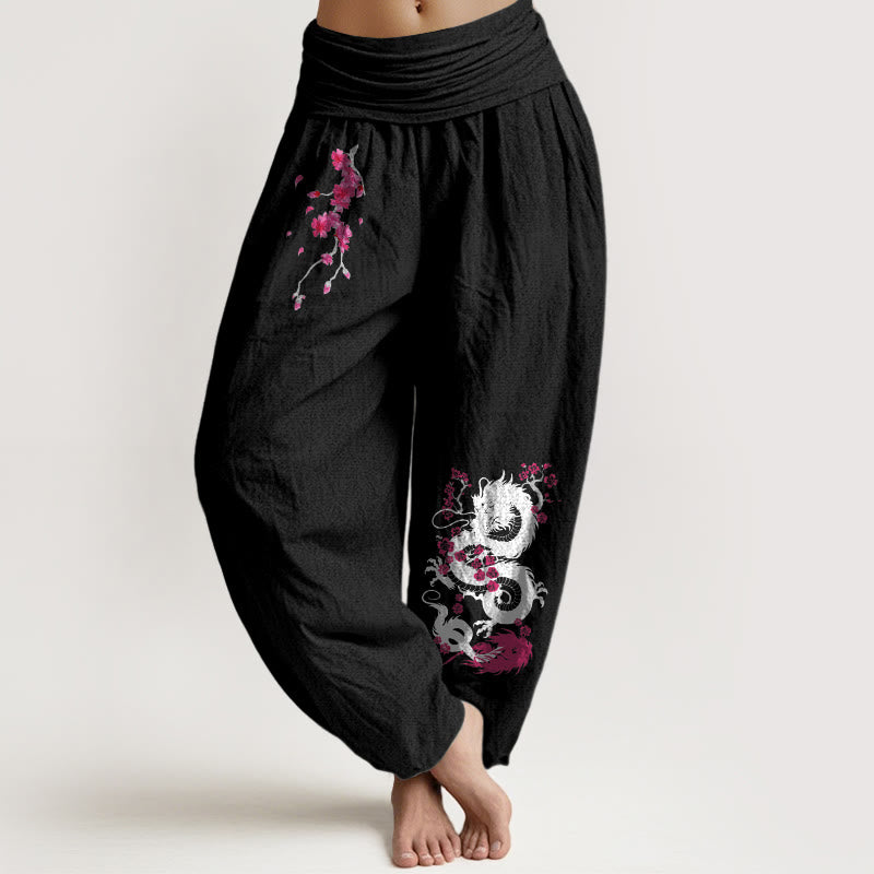 Buddha Stones Pantalones harén de algodón con cintura elástica para mujer con estampado de flores de cerezo y dragón - Negro - US16，UK/AU20，EU48 (3XL) - image 11