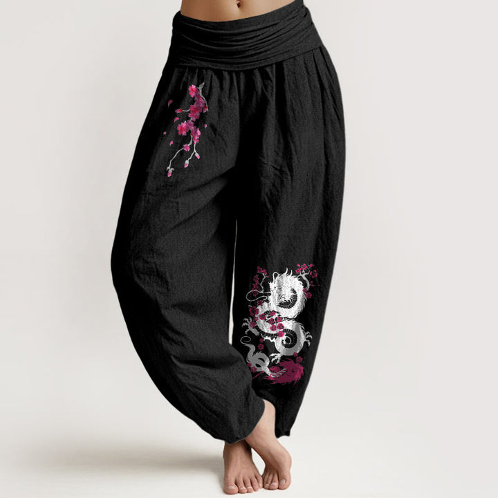 Buddha Stones Pantalones harén de algodón con cintura elástica para mujer con estampado de flores de cerezo y dragón - Negro - US16，UK/AU20，EU48 (3XL) - image 11