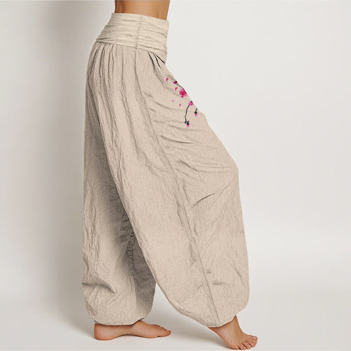 Buddha Stones Pantalones harén de algodón con cintura elástica para mujer con estampado de flores de cerezo y dragón - image 7