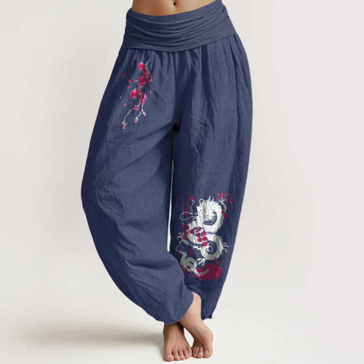 Buddha Stones Pantalones harén de algodón con cintura elástica para mujer con estampado de flores de cerezo y dragón - Azul pizarra oscuro - US16，UK/AU20，EU48 (3XL) - image 14