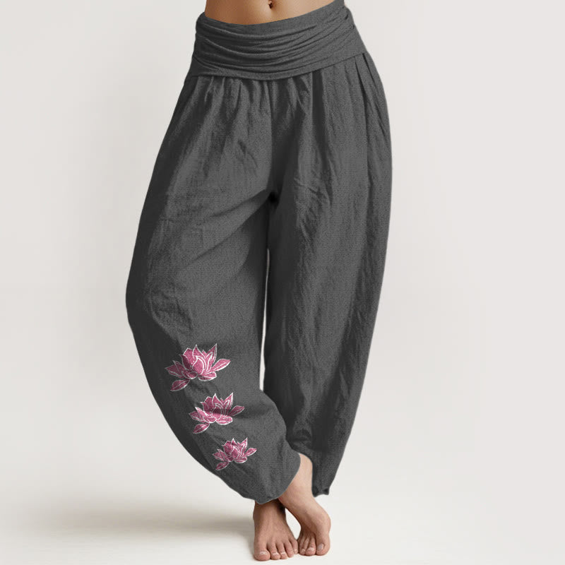 Buddha Stones Pantalones harén casuales de algodón puro con estampado de loto para mujer, cintura elástica - Gris oscuro - US16，UK/AU20，EU48 (3XL) - image 0