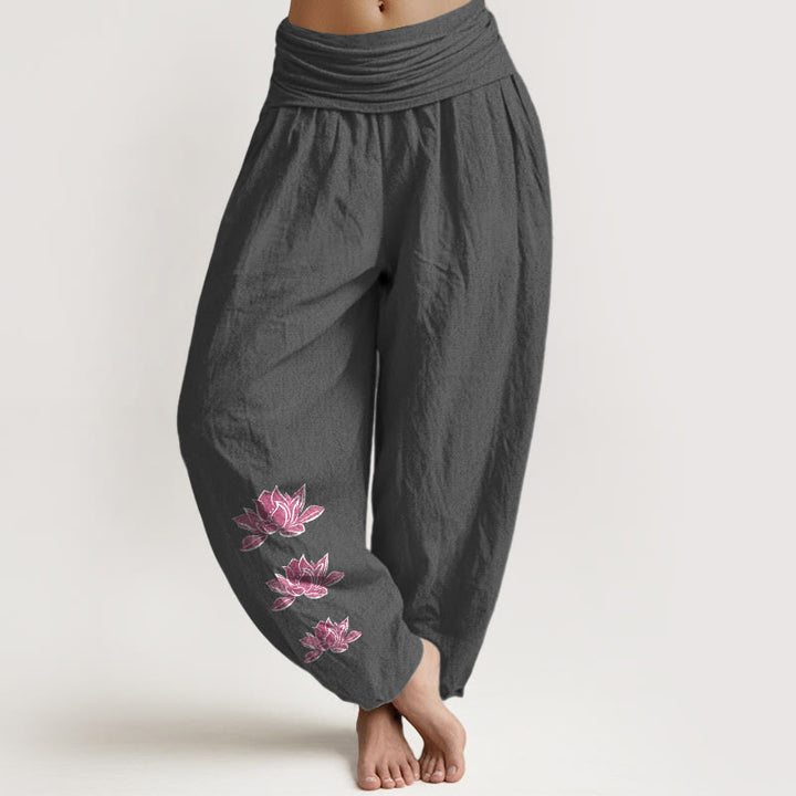 Buddha Stones Pantalones harén casuales de algodón puro con estampado de loto para mujer, cintura elástica - Gris oscuro - US16，UK/AU20，EU48 (3XL) - image 0