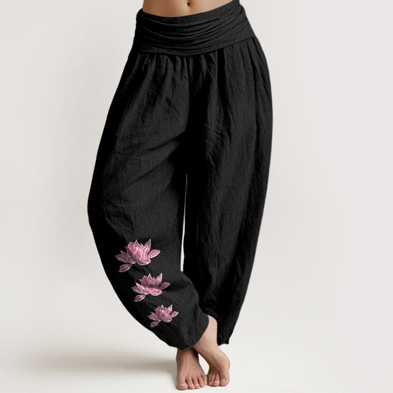 Buddha Stones Pantalones harén casuales de algodón puro con estampado de loto para mujer, cintura elástica - Negro - US16，UK/AU20，EU48 (3XL) - image 11