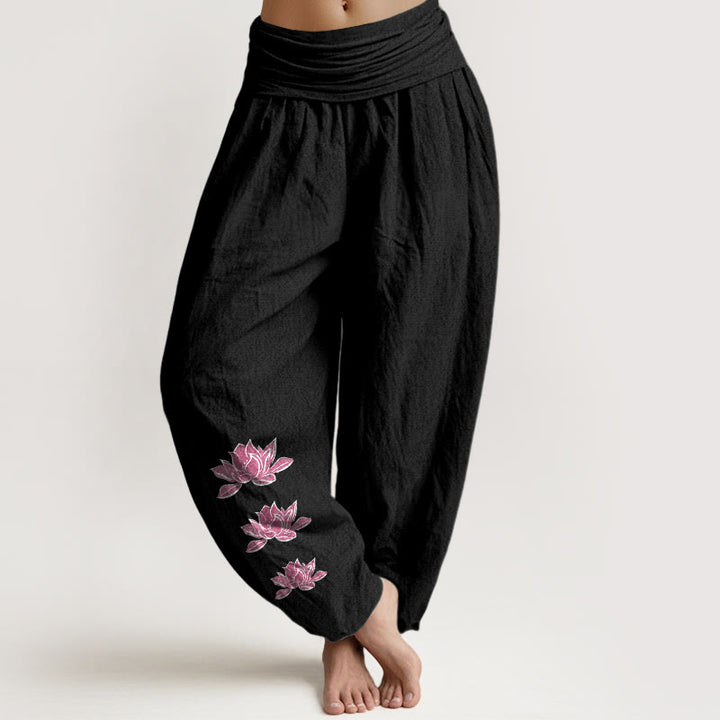 Buddha Stones Pantalones harén casuales de algodón puro con estampado de loto para mujer, cintura elástica - Negro - US16，UK/AU20，EU48 (3XL) - image 11