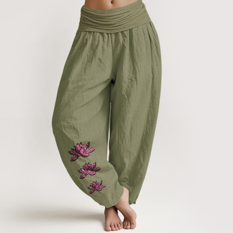 Buddha Stones Pantalones harén casuales de algodón puro con estampado de loto para mujer, cintura elástica - Verde oliva - US16，UK/AU20，EU48 (3XL) - image 8