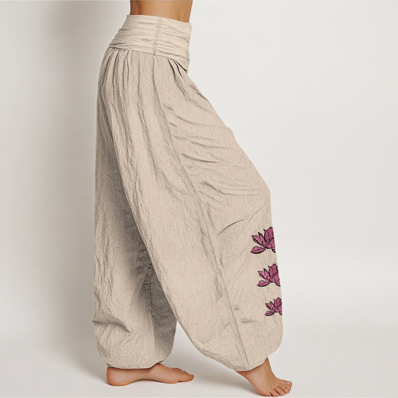 Buddha Stones Pantalones harén casuales de algodón puro con estampado de loto para mujer, cintura elástica - image 7
