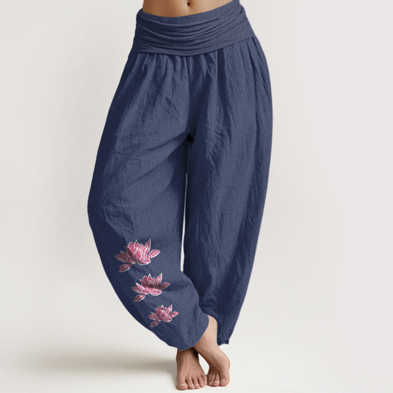Buddha Stones Pantalones harén casuales de algodón puro con estampado de loto para mujer, cintura elástica - Azul pizarra oscuro - US16，UK/AU20，EU48 (3XL) - image 14