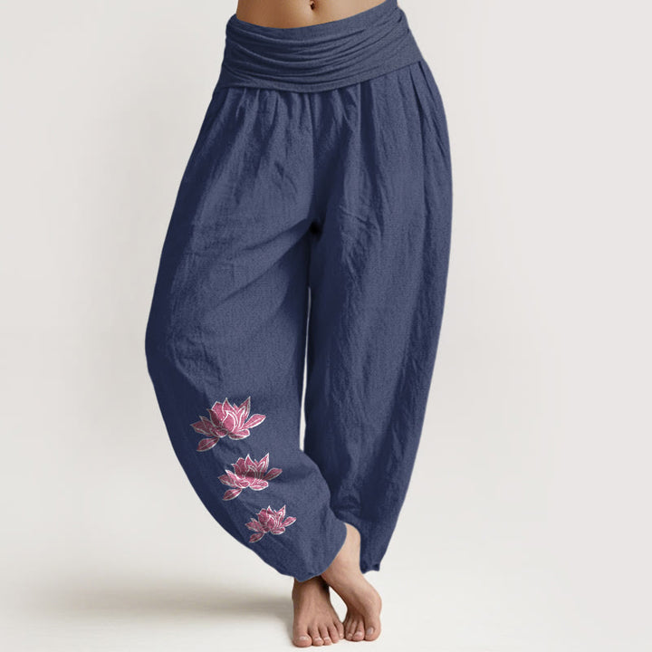 Buddha Stones Pantalones harén casuales de algodón puro con estampado de loto para mujer, cintura elástica - Azul pizarra oscuro - US16，UK/AU20，EU48 (3XL) - image 14