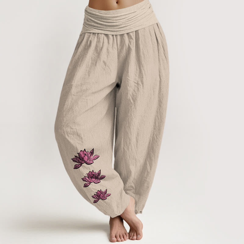 Buddha Stones Pantalones harén casuales de algodón puro con estampado de loto para mujer, cintura elástica - Broncearse - US16，UK/AU20，EU48 (3XL) - image 5