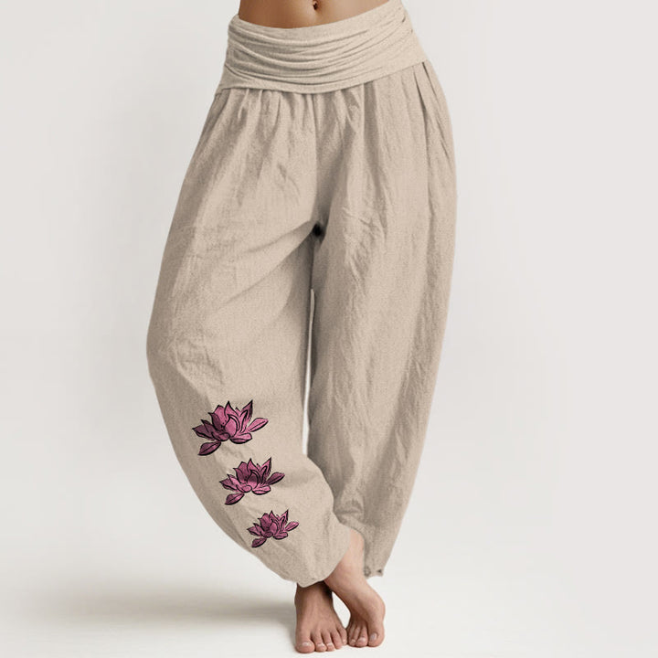 Buddha Stones Pantalones harén casuales de algodón puro con estampado de loto para mujer, cintura elástica - Broncearse - US16，UK/AU20，EU48 (3XL) - image 5