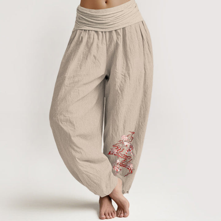 Buddha Stones Pantalones harén de algodón puro con estampado de loto y pez koi para mujer, cintura elástica - Broncearse - US16，UK/AU20，EU48 (3XL) - image 11