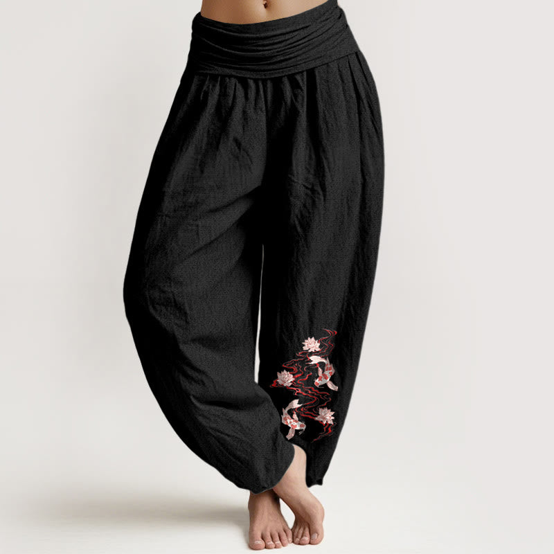 Buddha Stones Pantalones harén de algodón puro con estampado de loto y pez koi para mujer, cintura elástica - Negro - US16，UK/AU20，EU48 (3XL) - image 0