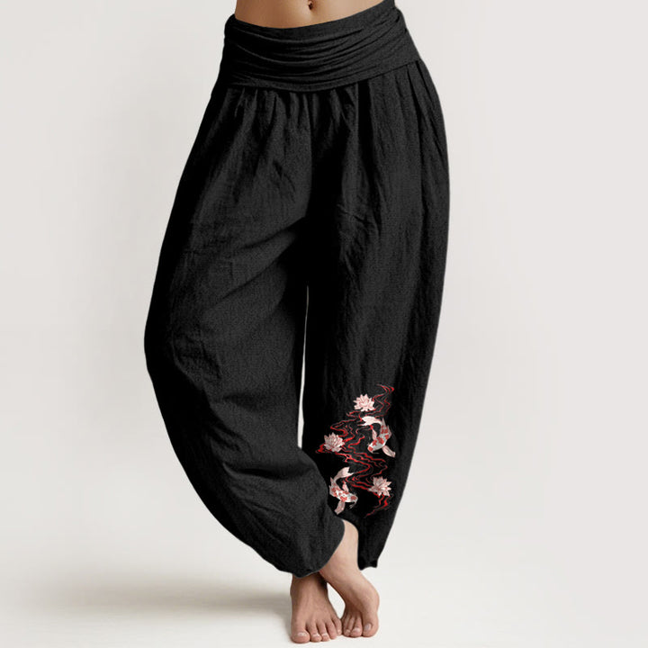 Buddha Stones Pantalones harén de algodón puro con estampado de loto y pez koi para mujer, cintura elástica - Negro - US16，UK/AU20，EU48 (3XL) - image 0