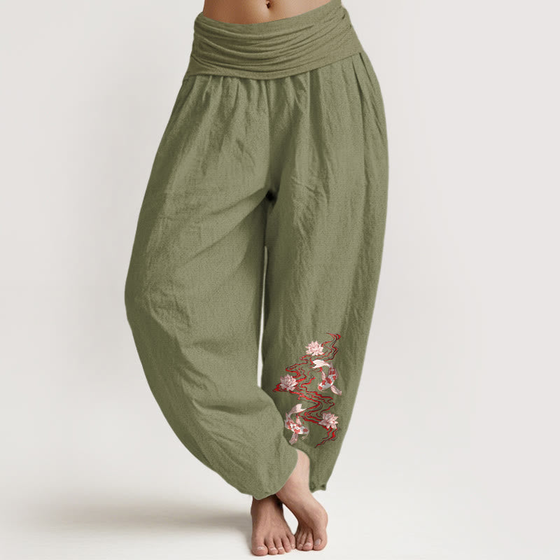 Buddha Stones Pantalones harén de algodón puro con estampado de loto y pez koi para mujer, cintura elástica - Verde oliva - US16，UK/AU20，EU48 (3XL) - image 14