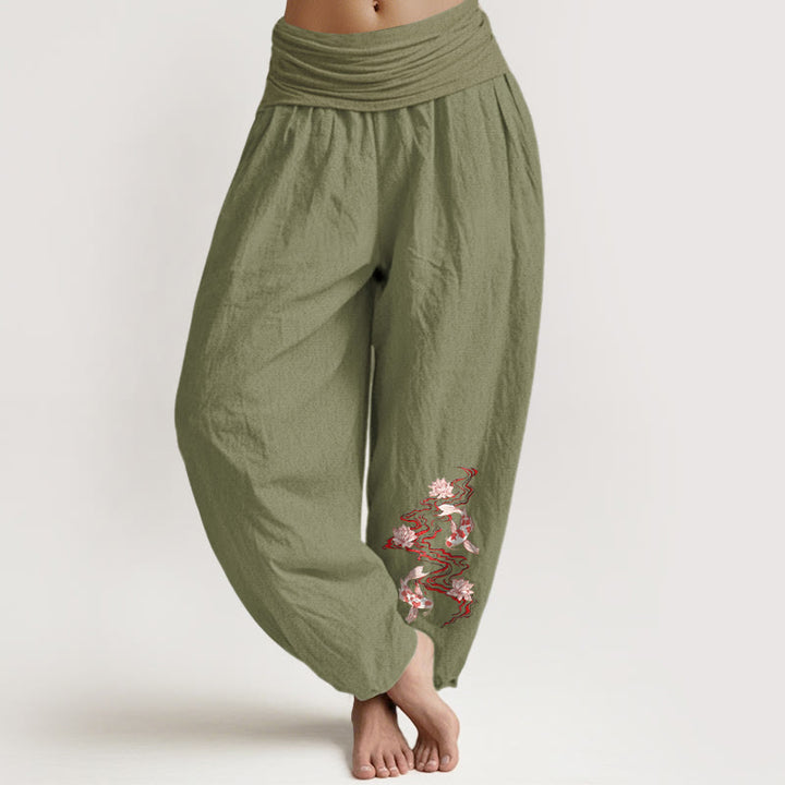 Buddha Stones Pantalones harén de algodón puro con estampado de loto y pez koi para mujer, cintura elástica - Verde oliva - US16，UK/AU20，EU48 (3XL) - image 14