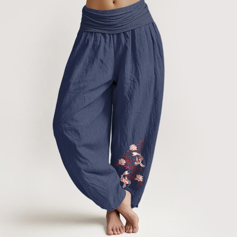 Buddha Stones Pantalones harén de algodón puro con estampado de loto y pez koi para mujer, cintura elástica - Azul pizarra oscuro - US16，UK/AU20，EU48 (3XL) - image 5