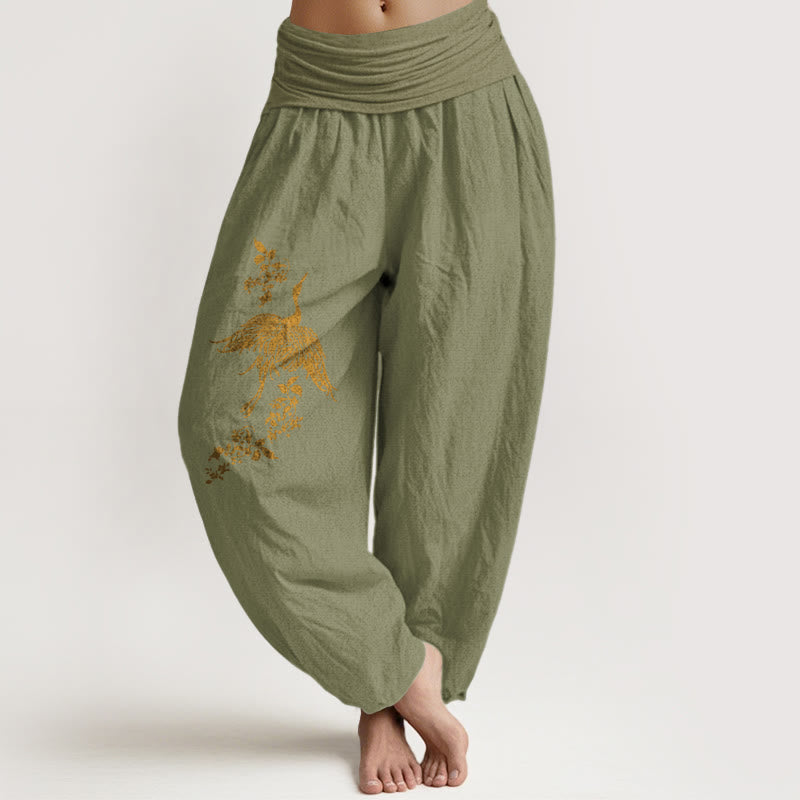 Buddha Stones Pantalones harén de algodón con cintura elástica para mujer con estampado floral de hojas y grullas - Verde oliva - US16，UK/AU20，EU48 (3XL) - image 14