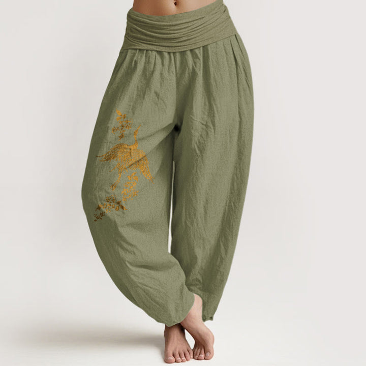 Buddha Stones Pantalones harén de algodón con cintura elástica para mujer con estampado floral de hojas y grullas - Verde oliva - US16，UK/AU20，EU48 (3XL) - image 14