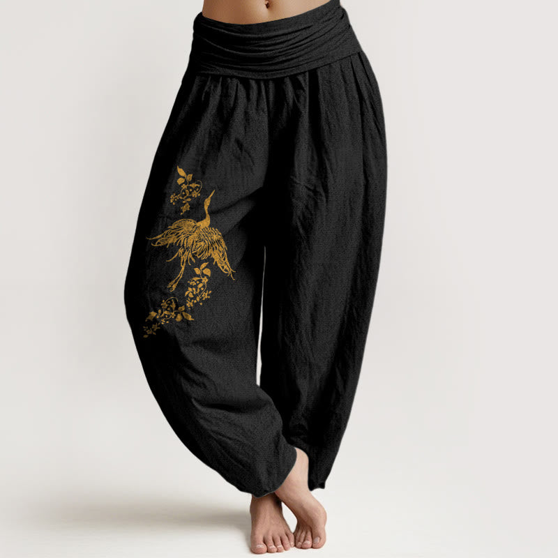 Buddha Stones Pantalones harén de algodón con cintura elástica para mujer con estampado floral de hojas y grullas - Negro - US16，UK/AU20，EU48 (3XL) - image 0