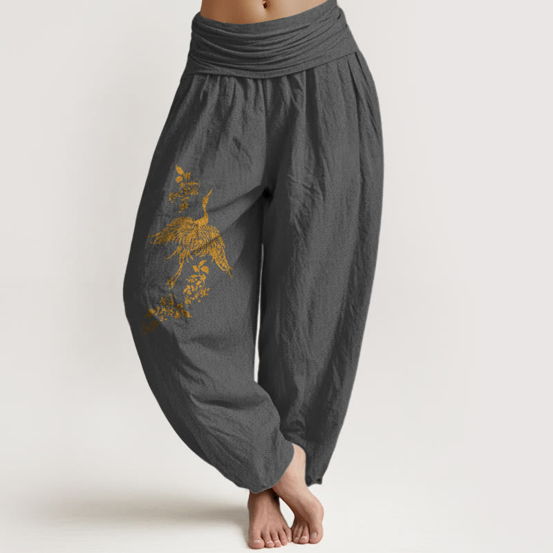 Buddha Stones Pantalones harén de algodón con cintura elástica para mujer con estampado floral de hojas y grullas - Gris oscuro - US16，UK/AU20，EU48 (3XL) - image 8