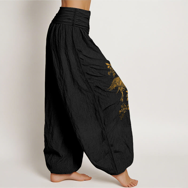 Buddha Stones Pantalones harén de algodón con cintura elástica para mujer con estampado floral de hojas y grullas - image 2