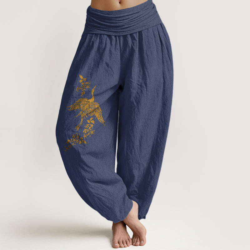 Buddha Stones Pantalones harén de algodón con cintura elástica para mujer con estampado floral de hojas y grullas - Azul pizarra oscuro - US16，UK/AU20，EU48 (3XL) - image 5