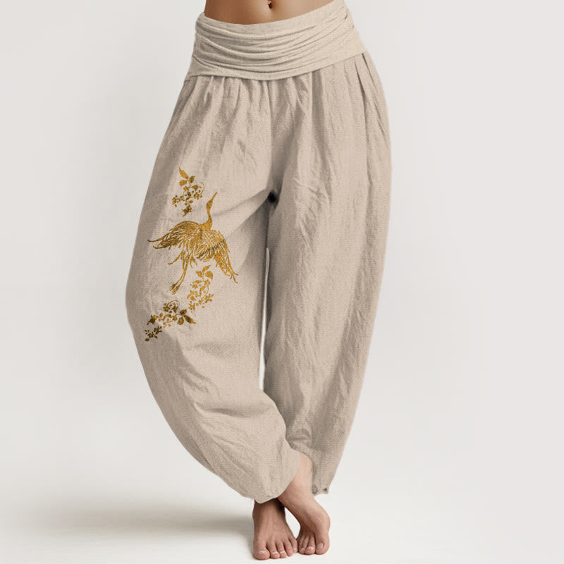 Buddha Stones Pantalones harén de algodón con cintura elástica para mujer con estampado floral de hojas y grullas - Broncearse - US16，UK/AU20，EU48 (3XL) - image 11