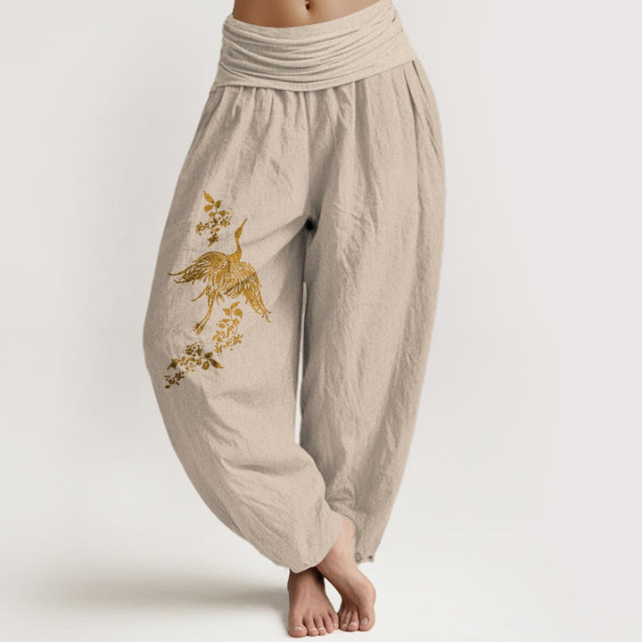 Buddha Stones Pantalones harén de algodón con cintura elástica para mujer con estampado floral de hojas y grullas - Broncearse - US16，UK/AU20，EU48 (3XL) - image 11
