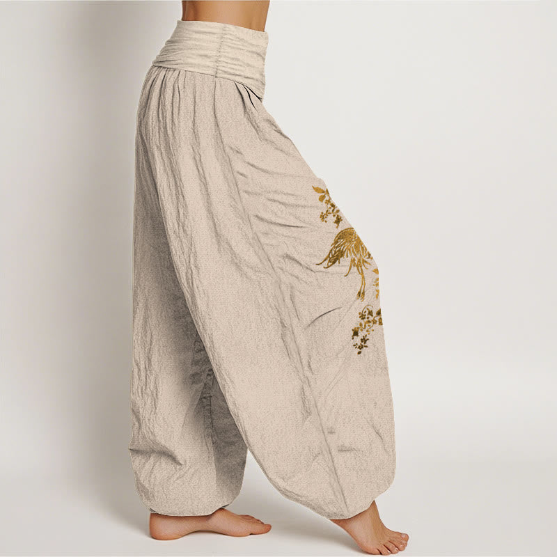 Buddha Stones Pantalones harén de algodón con cintura elástica para mujer con estampado floral de hojas y grullas - image 13