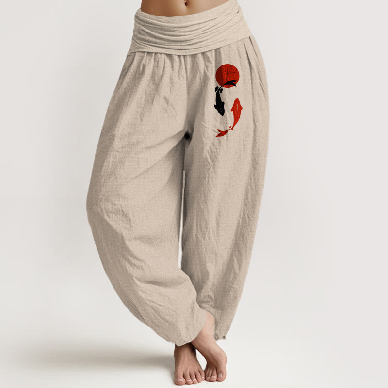 Buddha Stones Pantalones harén de algodón puro con cintura elástica para mujer con estampado de pez koi y sol rojo - Broncearse - US16，UK/AU20，EU48 (3XL) - image 8