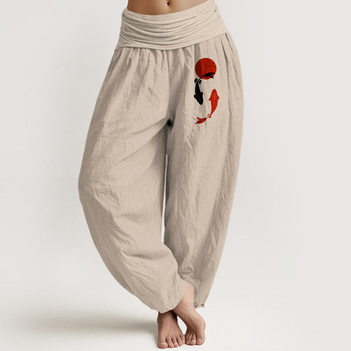 Buddha Stones Pantalones harén de algodón puro con cintura elástica para mujer con estampado de pez koi y sol rojo - Broncearse - US16，UK/AU20，EU48 (3XL) - image 8
