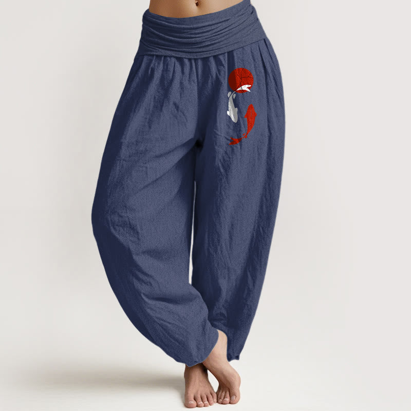 Buddha Stones Pantalones harén de algodón puro con cintura elástica para mujer con estampado de pez koi y sol rojo - Azul pizarra oscuro - US16，UK/AU20，EU48 (3XL) - image 0