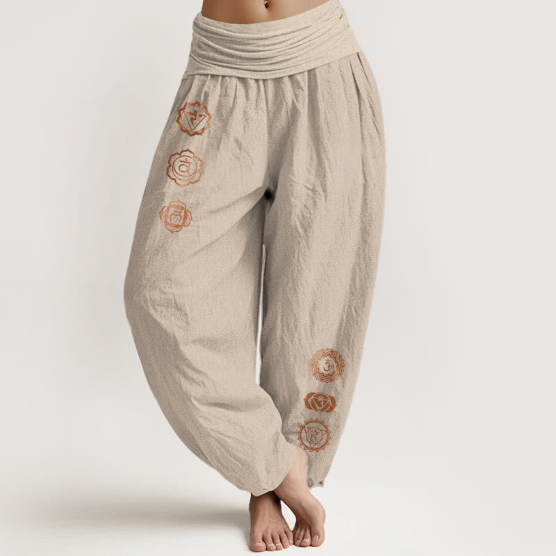 Buddha Stones Pantalones harén de algodón puro con cintura elástica para mujer, con estampado de símbolo de chakras - Broncearse - US16，UK/AU20，EU48 (3XL) - image 11