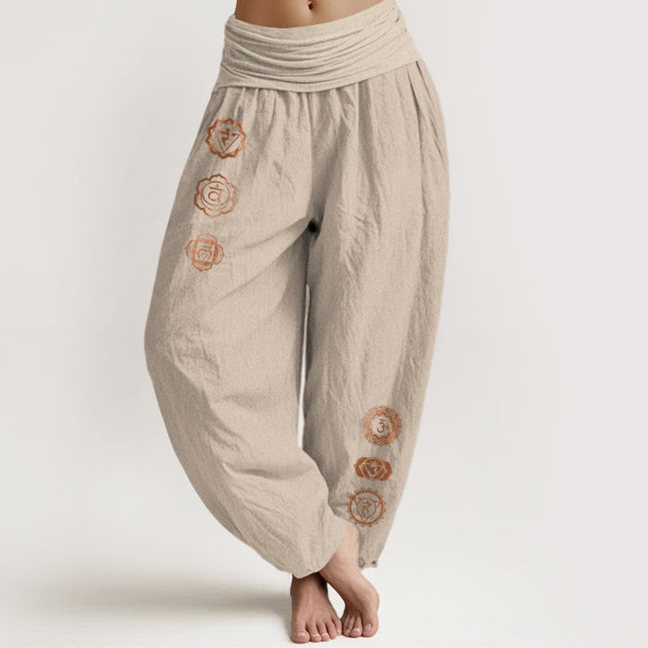 Buddha Stones Pantalones harén de algodón puro con cintura elástica para mujer, con estampado de símbolo de chakras - Broncearse - US16，UK/AU20，EU48 (3XL) - image 11