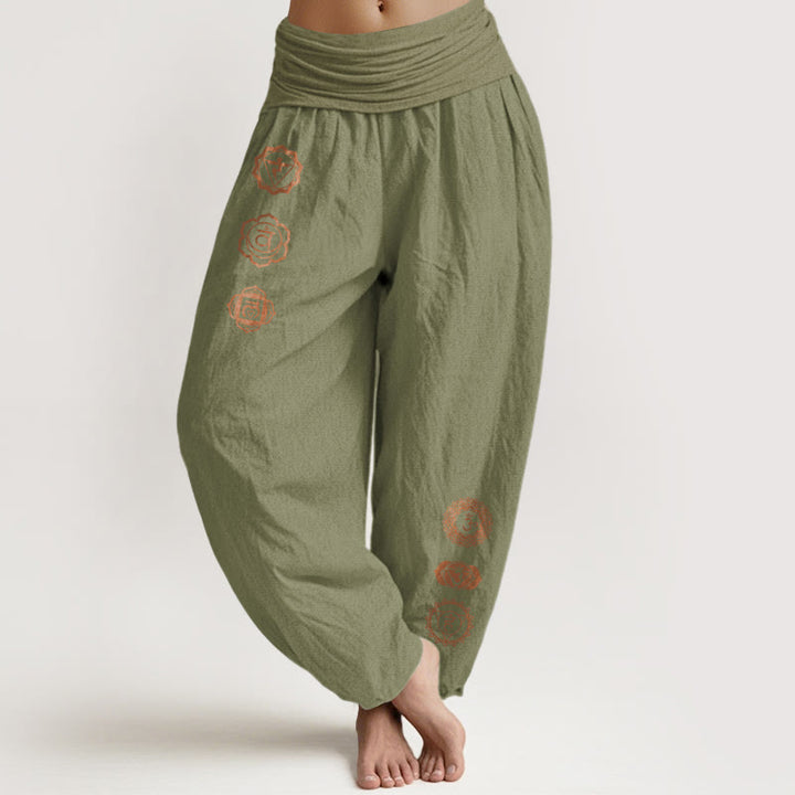 Buddha Stones Pantalones harén de algodón puro con cintura elástica para mujer, con estampado de símbolo de chakras - Verde oliva - US16，UK/AU20，EU48 (3XL) - image 14