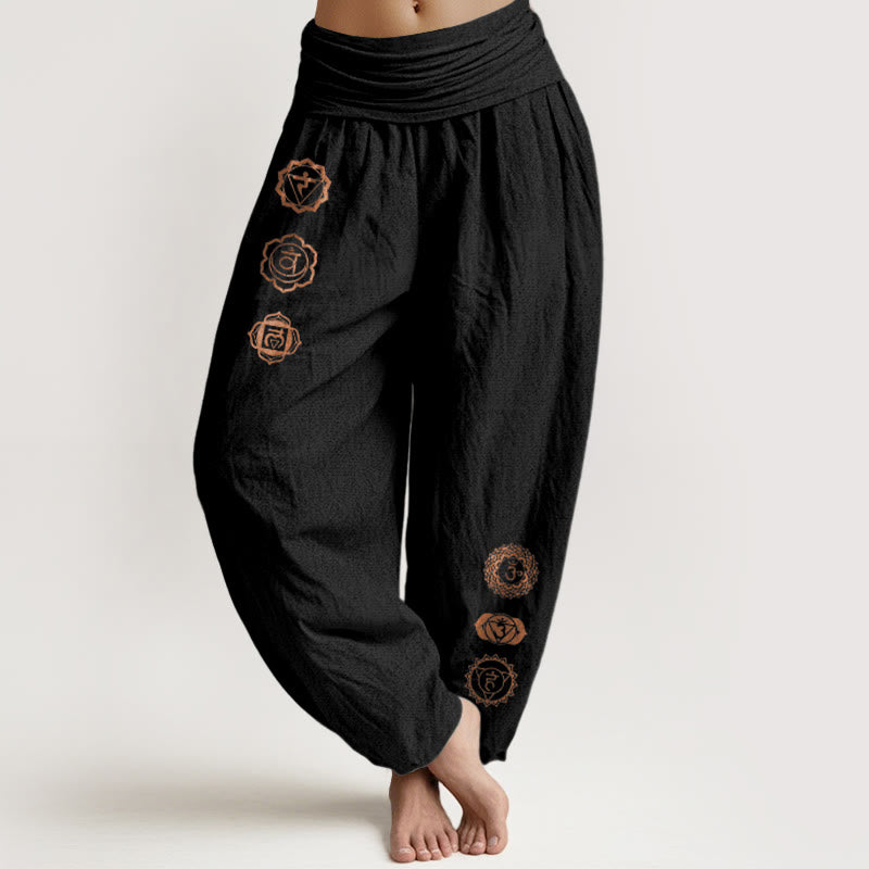 Buddha Stones Pantalones harén de algodón puro con cintura elástica para mujer, con estampado de símbolo de chakras - Negro - US16，UK/AU20，EU48 (3XL) - image 0