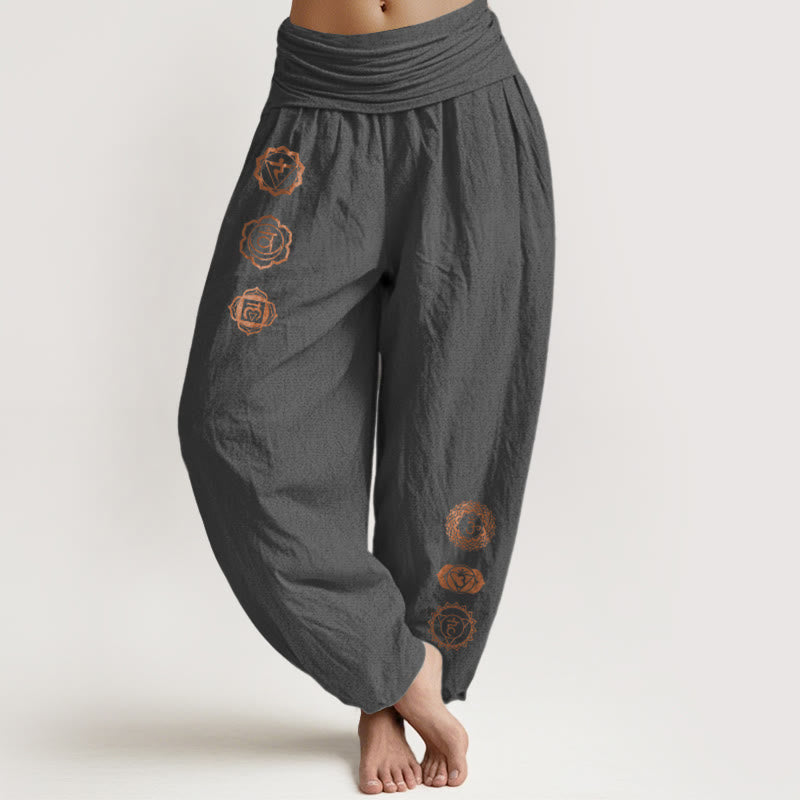 Buddha Stones Pantalones harén de algodón puro con cintura elástica para mujer, con estampado de símbolo de chakras - Gris oscuro - US16，UK/AU20，EU48 (3XL) - image 8