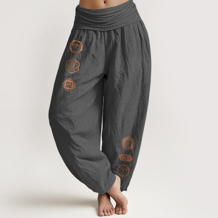Buddha Stones Pantalones harén de algodón puro con cintura elástica para mujer, con estampado de símbolo de chakras - Gris oscuro - US16，UK/AU20，EU48 (3XL) - image 8