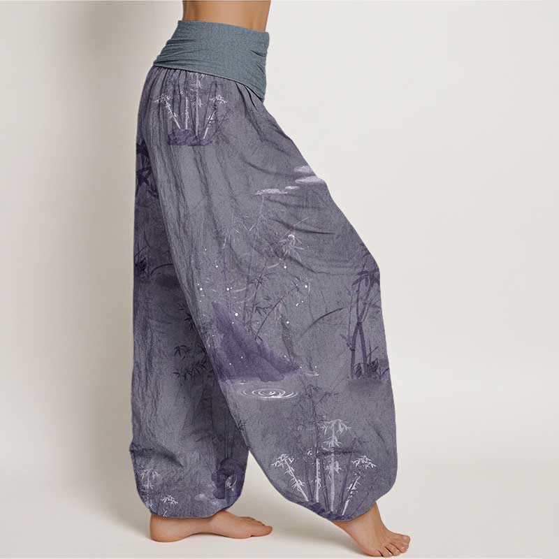 Pantalones harén de algodón puro con estampado de Buddha Stones , informales, de bambú y tinta de roca, con cintura elástica para mujer - image 2