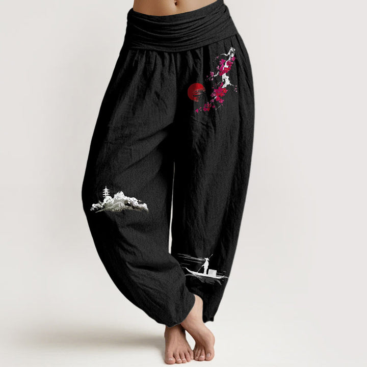 Pantalones bombachos de cintura elástica para mujer, de algodón puro, con estampado de flores de ciruelo , Buddha Stones y motivos de pescadores de montaña. - Negro - US16，UK/AU20，EU48 (3XL) - image 8