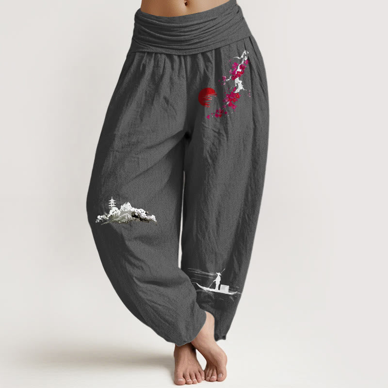 Pantalones bombachos de cintura elástica para mujer, de algodón puro, con estampado de flores de ciruelo , Buddha Stones y motivos de pescadores de montaña. - Gris tenue - US16，UK/AU20，EU48 (3XL) - image 14