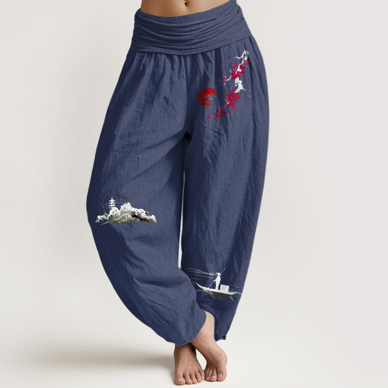 Pantalones bombachos de cintura elástica para mujer, de algodón puro, con estampado de flores de ciruelo , Buddha Stones y motivos de pescadores de montaña. - Azul pizarra oscuro - US16，UK/AU20，EU48 (3XL) - image 11