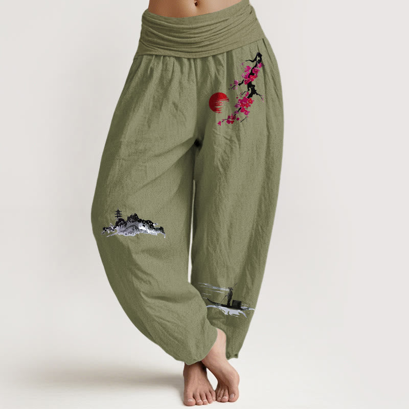 Pantalones bombachos de cintura elástica para mujer, de algodón puro, con estampado de flores de ciruelo , Buddha Stones y motivos de pescadores de montaña. - Verde oliva - US16，UK/AU20，EU48 (3XL) - image 5
