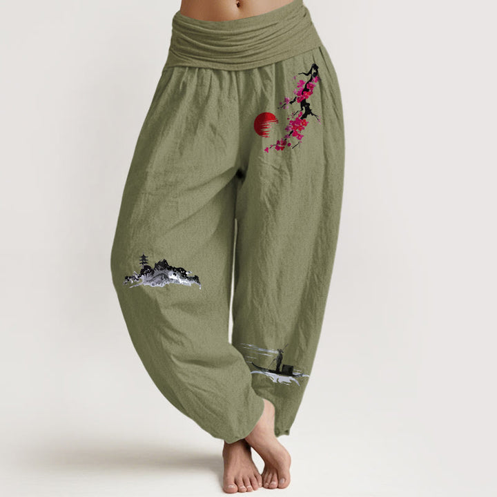 Pantalones bombachos de cintura elástica para mujer, de algodón puro, con estampado de flores de ciruelo , Buddha Stones y motivos de pescadores de montaña. - Verde oliva - US16，UK/AU20，EU48 (3XL) - image 5